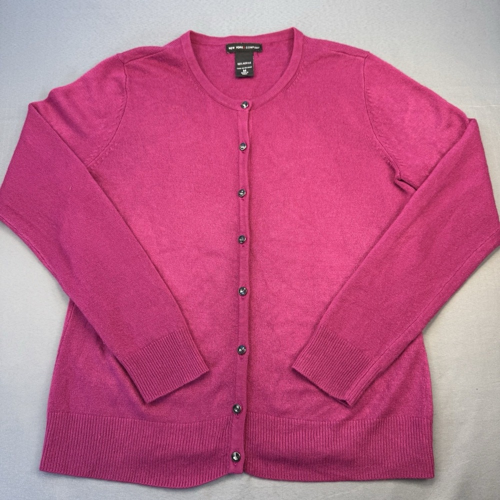 New York Co. Magenta Button-Up Cardigan Rhinestone Buttons Women's Size Medium - Picture 2 of 7